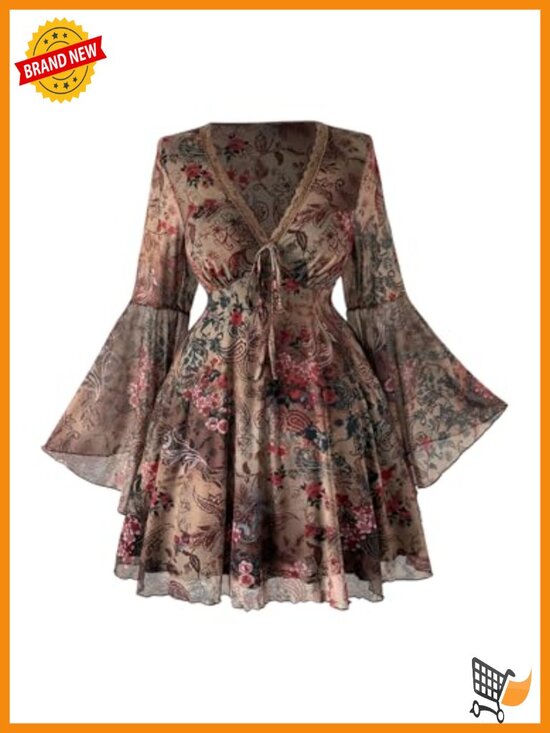 Dresses & Skirts - Plus Size Boho Paisley Lace Mini Dress Long Sleeve Sweetheart Neck